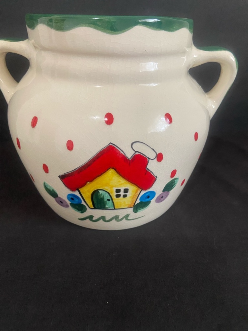 Mary Engelbreit Hand-Painted Cookie Jar with Red, Green & Yellow Cottage Motif